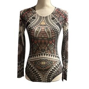 Vintage Rue 21 Sheer Aztec Y2K Bodysuit Size S Fitted Cowgirl Western Festival